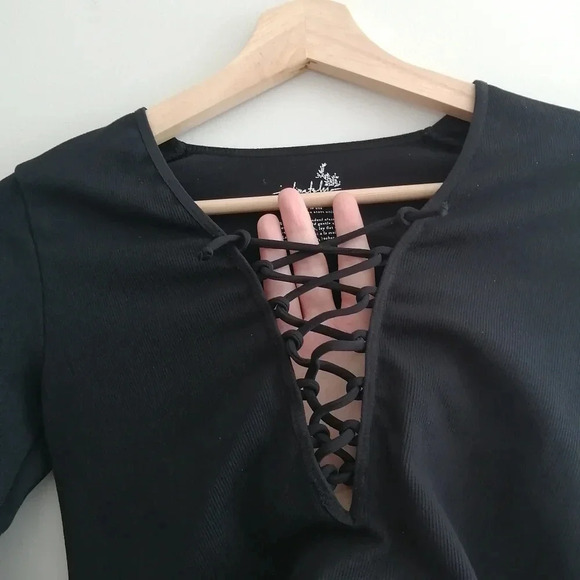 Free People Intimately Free Black Ribbed Lace  Up Neck Long Sleeve Top M/L - Picture 5 of 12